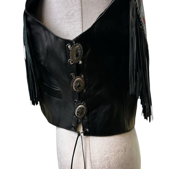 VTG Biker Leather Club Sheep Leather Vest Red Rose Detail Fringe Concho Sz Small - Picture 2 of 6